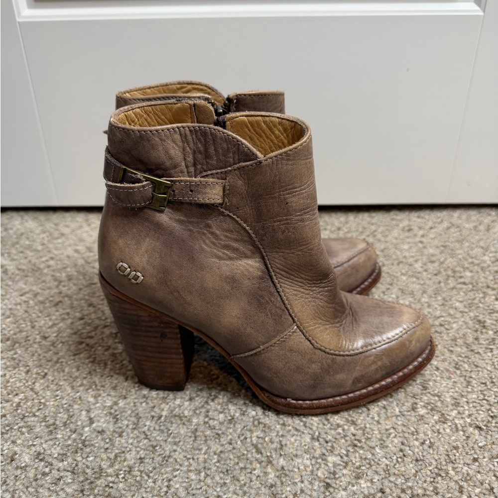 BED|STU ISLA Leather Booties Distressed Tan Rustic White Block Heel Size 7